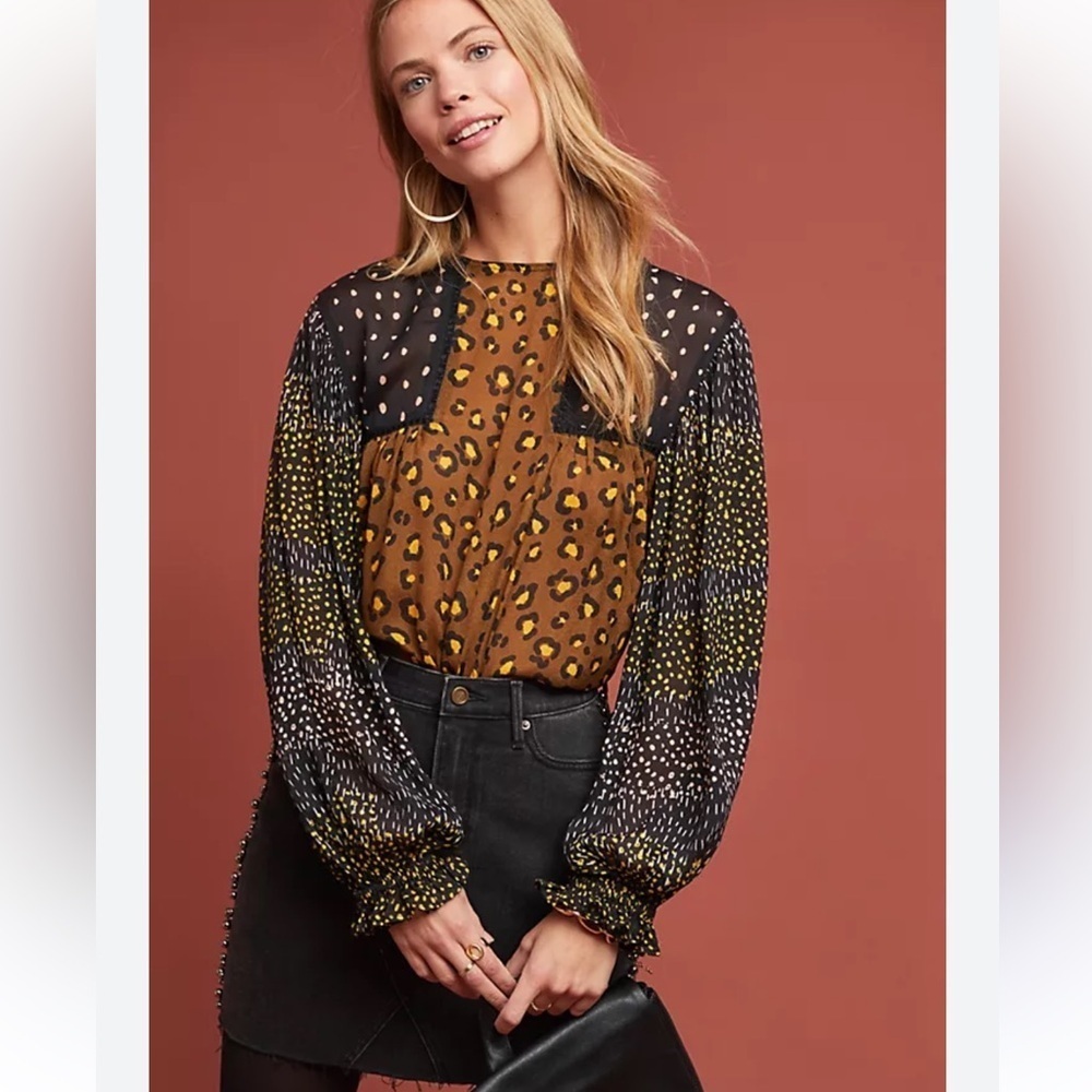 ANTHROPOLOGIE Blnk London Electric Leopard Peasant Blouse Small